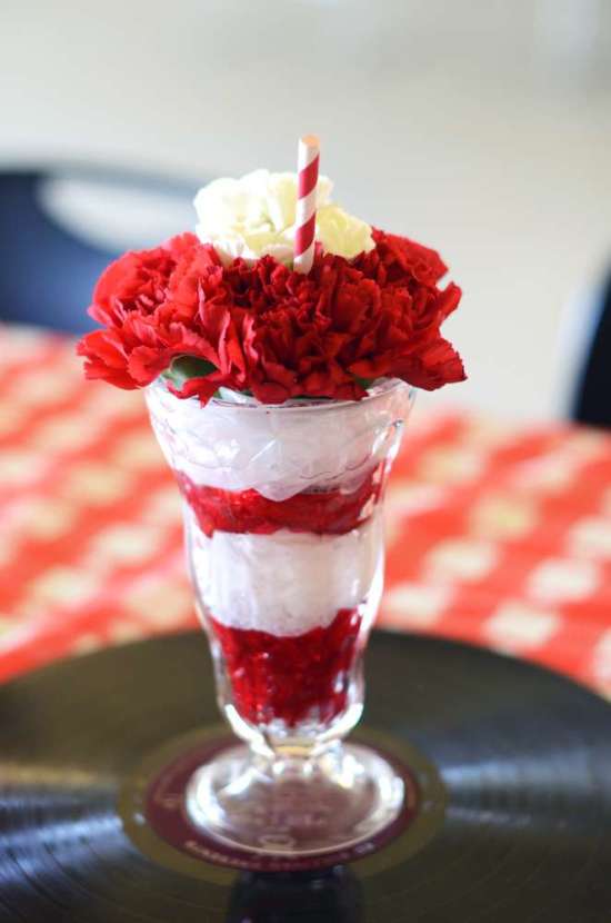 50’s Diner Soda Shop Party drink filled with flowers