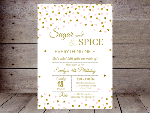 hearts and gold sugar and spice everything nice invitation editable