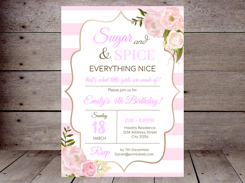 pink SUGAR AND SPICE EVERYTHING NICE birthday invitation editable