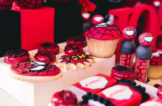 red-white-spiderman-birthday-party cookies and cupcakes