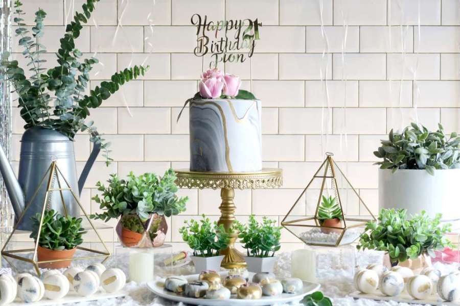 Whimsical-Marble-Birthday-Party-Dessert-Display