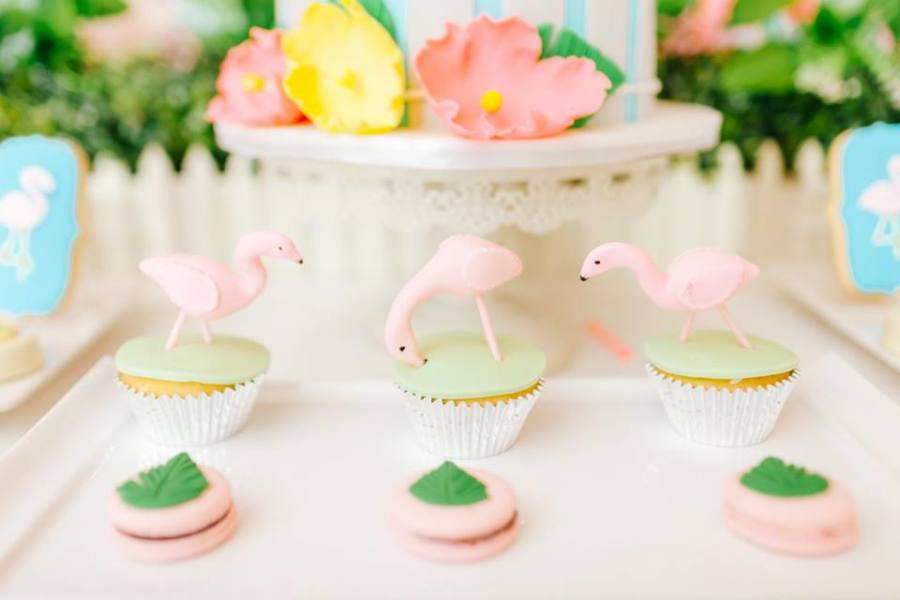 Tropical-Flowers-And-Flamingos-Birthday-Cupcakes
