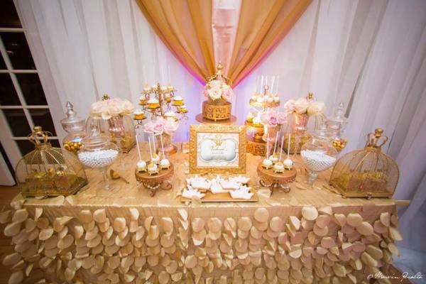 Blush and gold Royal Birthday dessert table