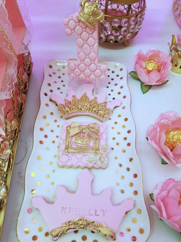 pink and gold princess first birthday cookies