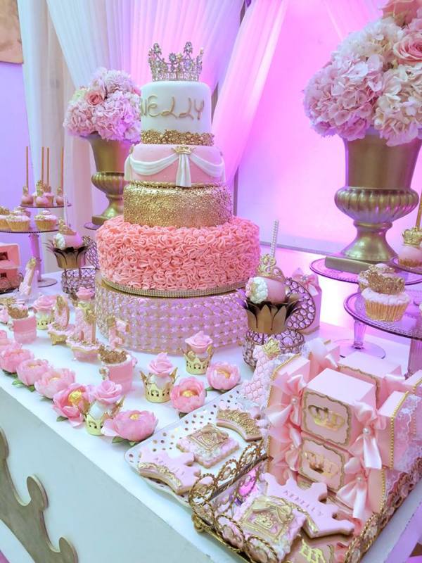 pink and gold princess party dessert tablescape