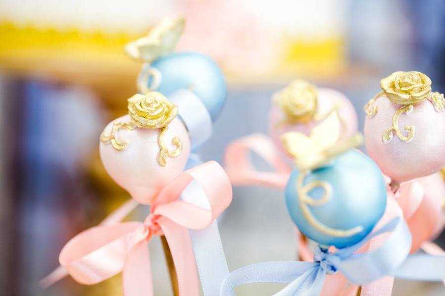 Princess Cinderella Party cake pops pink and blue butterfly and roses