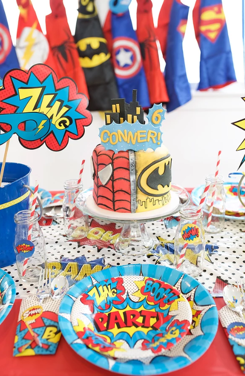 6th superhero birthday cake and plates