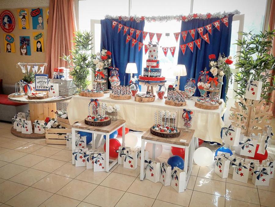 nautical graduation party main table set up