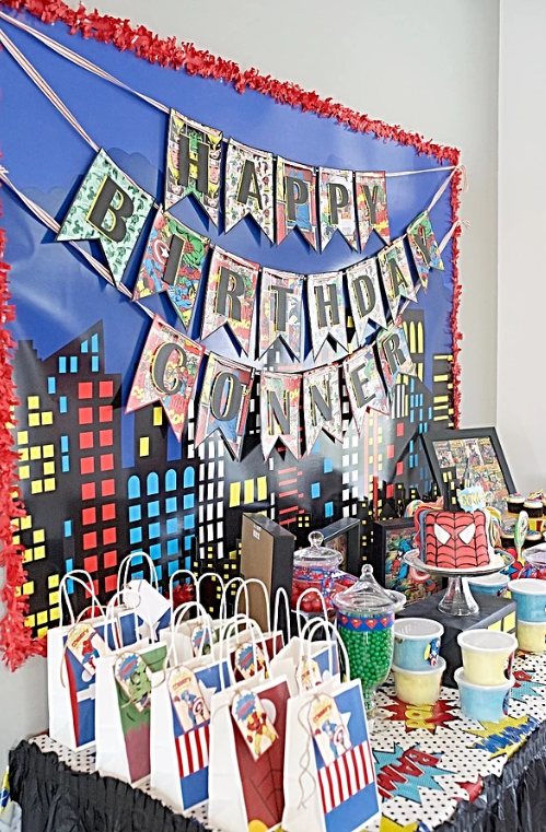 superhero party backdrop buildings