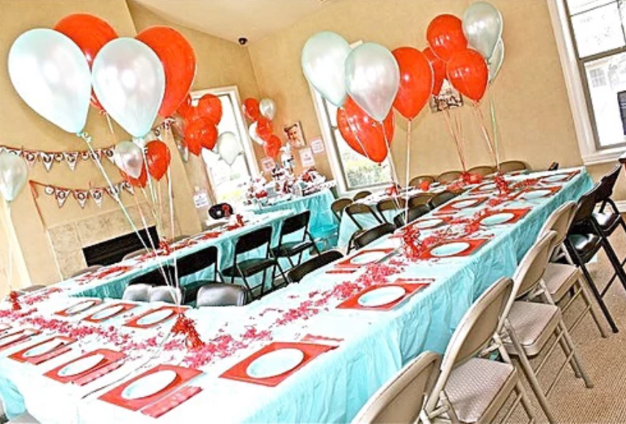 red aqua sock monkey party tablesetting