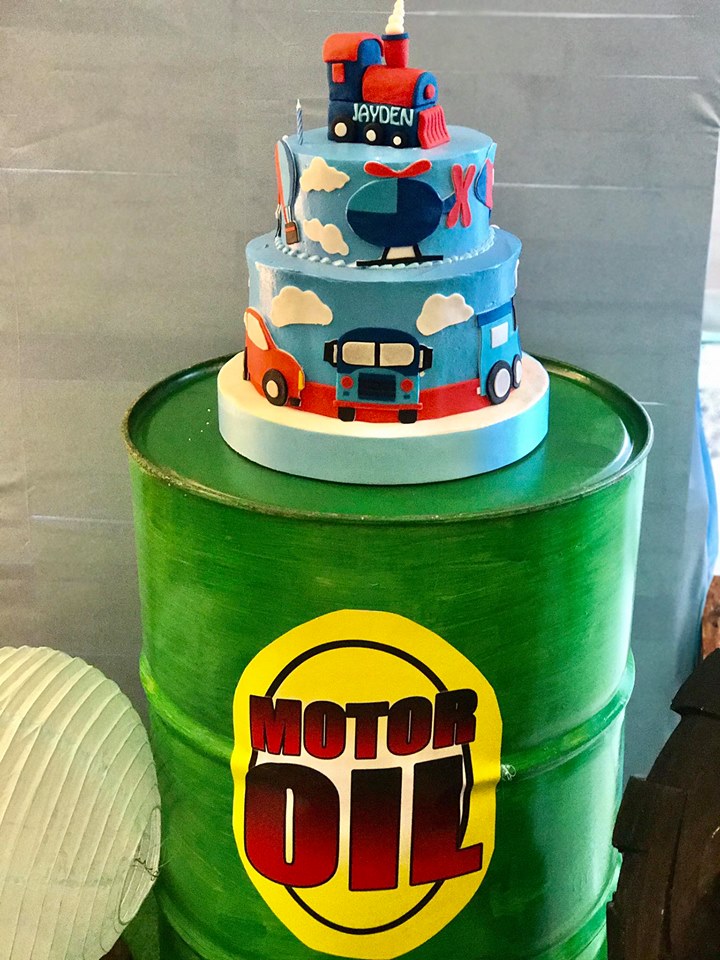 Transportation Themed Birthday cake on motor oil can