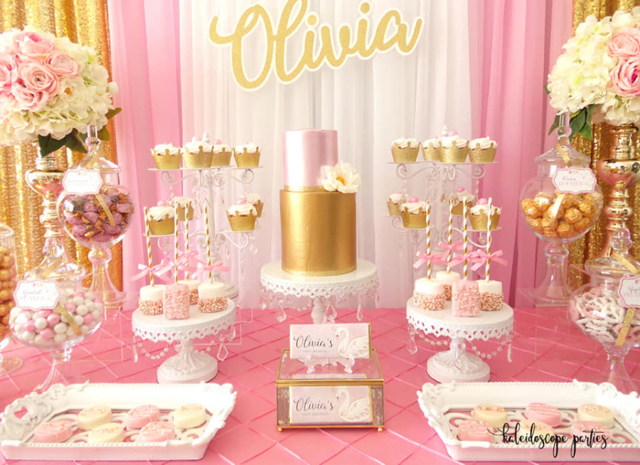 pink and gold swan party dessert table