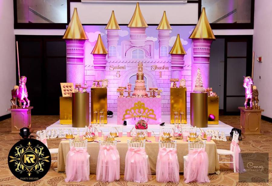 stunning pink princess castle kids table setting