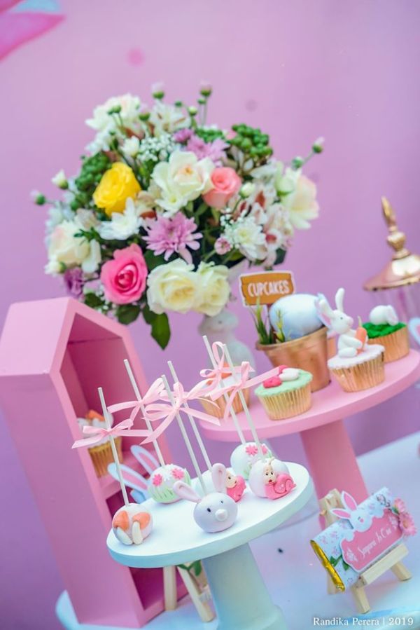 pink bunny first birthday desser table