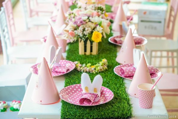 pink polka dots bunny plates and party hats