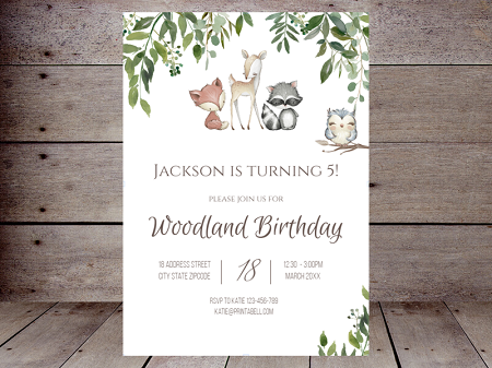 greenery woodland birthday invitation editable