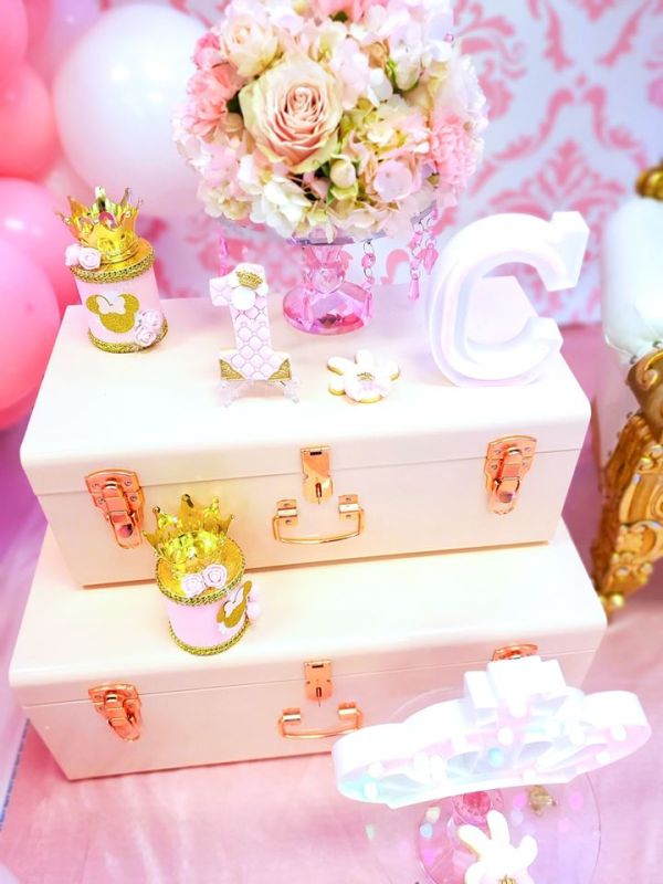 Pink and Gold Luggage Displaying Treats
