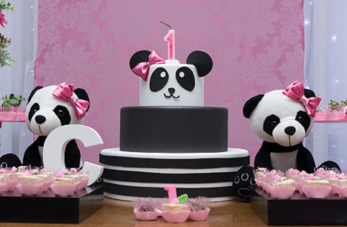 black and white stripe pink panda cake