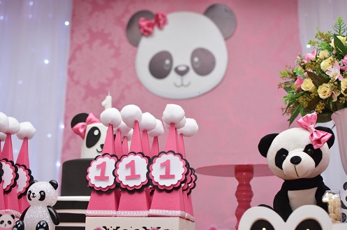 cute pink panda birthday background