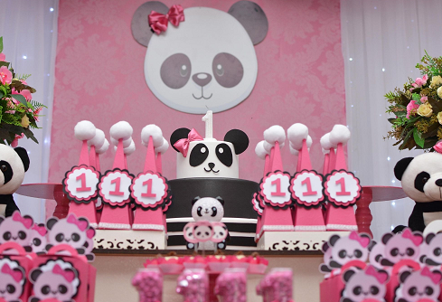 pink and white girl panda first birthday tablescape