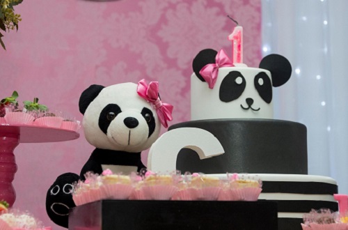 pink panda first birthday dessert table