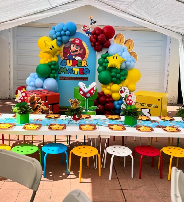 mario themed birthday kids table setup