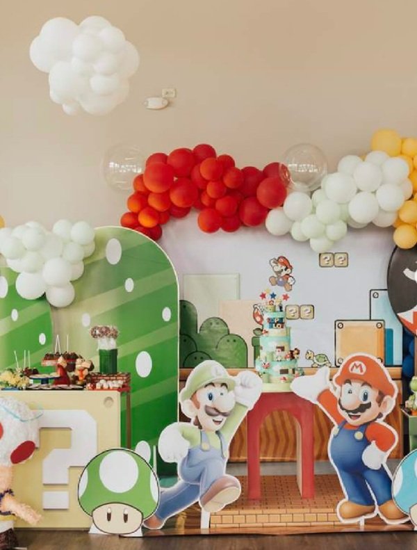 super mario birthday decorations and cloud balloons