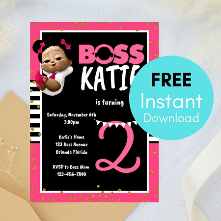 Free editable pink boss baby birthday invitation