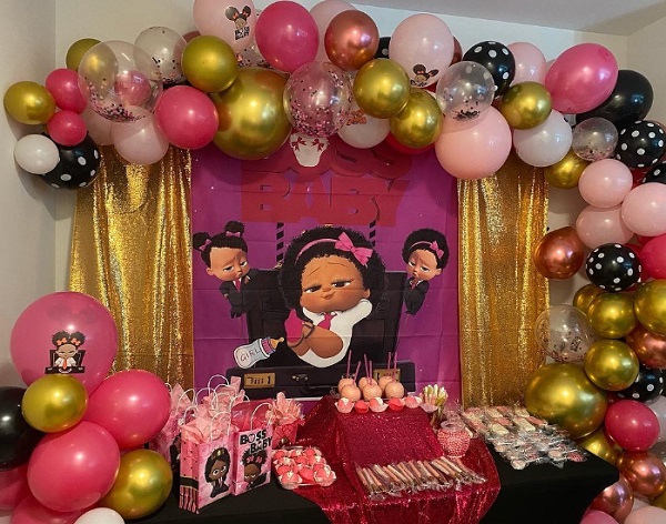 pink and gold boss baby girl dessert table