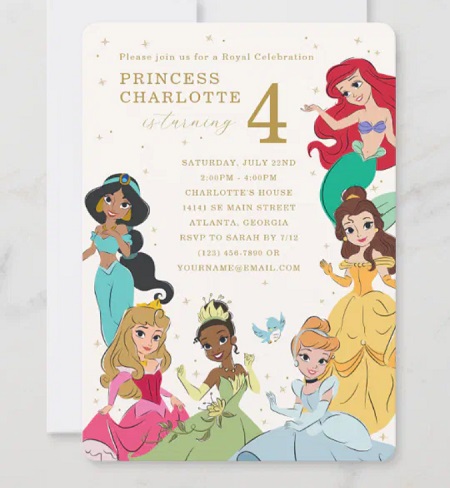 Disney Princess Gold Sparkle Birthday Invitation