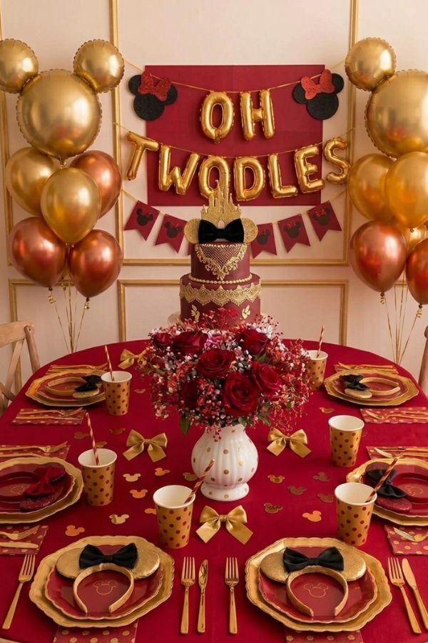 Two Years old Minnie Mouse Birthday Party Ideas gold and red