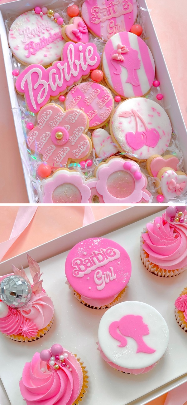 barbie themed cookies and cupcakes