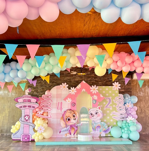 girl paw patrol themed party decoration props and balloons