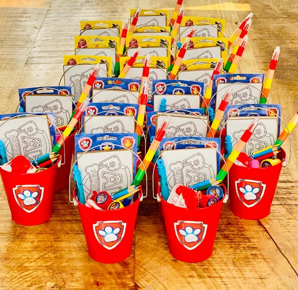 paw patrol themed party bucket with goodies