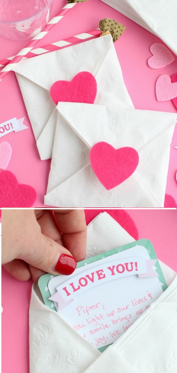 DIY white paper napkin envelope with heart