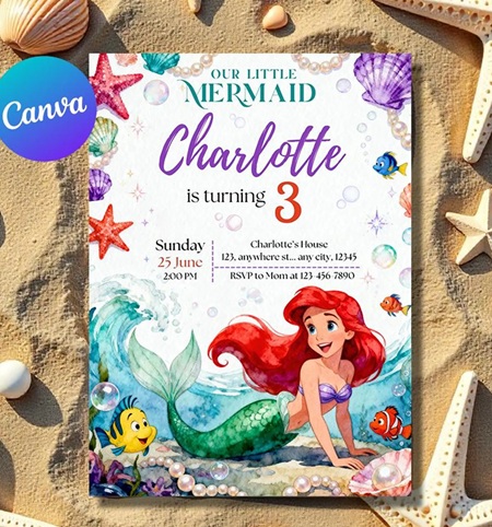 editable Ariel mermaid birthday invite