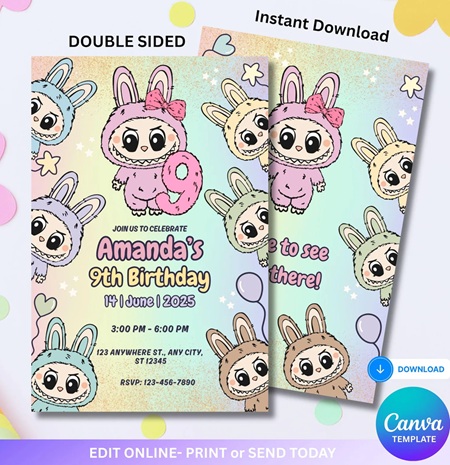 editable labubu birthday invitations canva