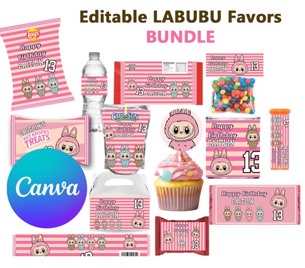 editable pink labubu party printables