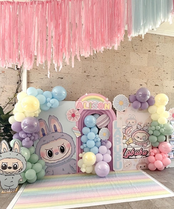 rainbow pastel labubu party decorations