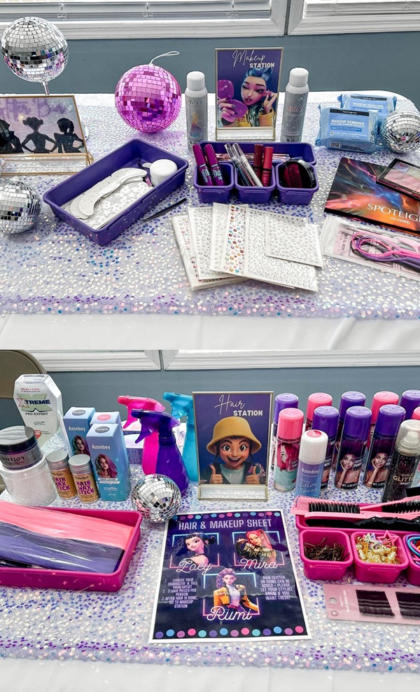 kpop demon hunters 8th birthday party makeup and hair styling station