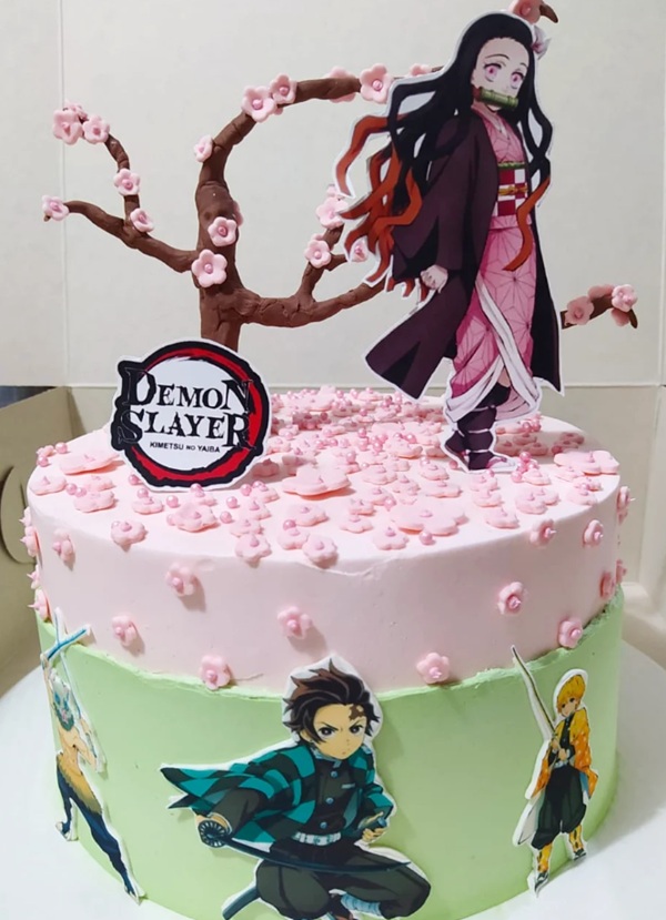 demon slayer cake pink and green