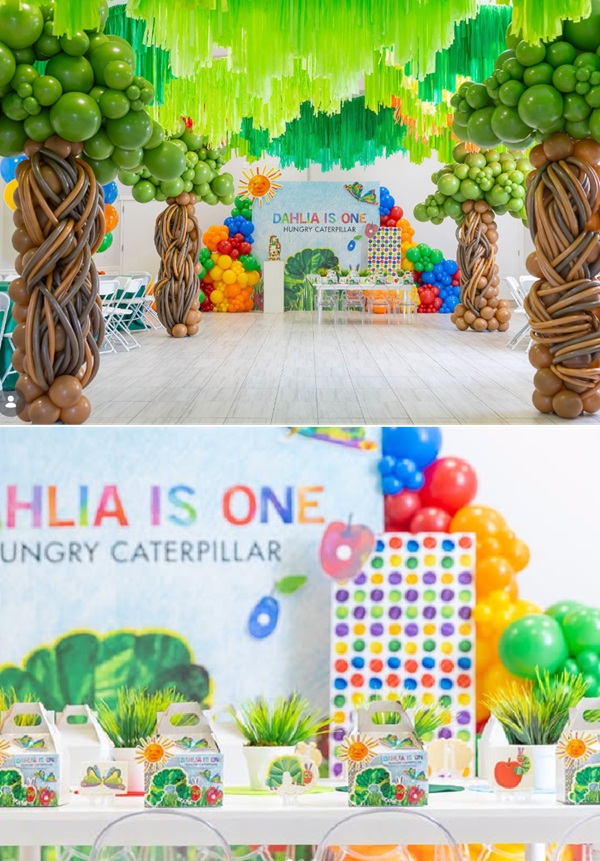Amazing balloon props and setup for very hungry caterpillar birthday