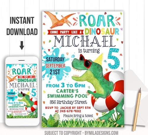 Editable Dinosaur Pool Party Invitation
