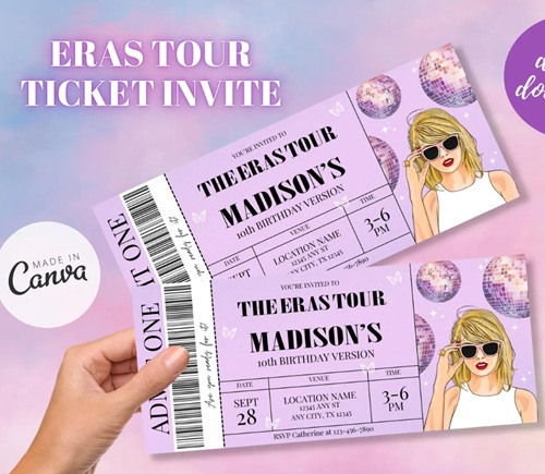 Editable Taylor Eras Party Ticket Invite
