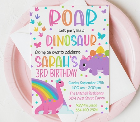 Girl Dinosaur Rainbow Birthday Invitation