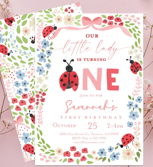 Ladybug first birthday party invitation