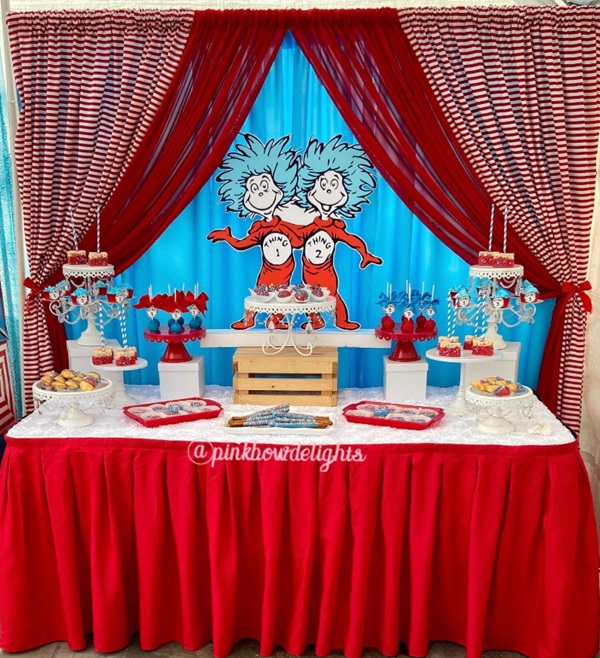 twins thing 1 thing 2 party setup dessert table