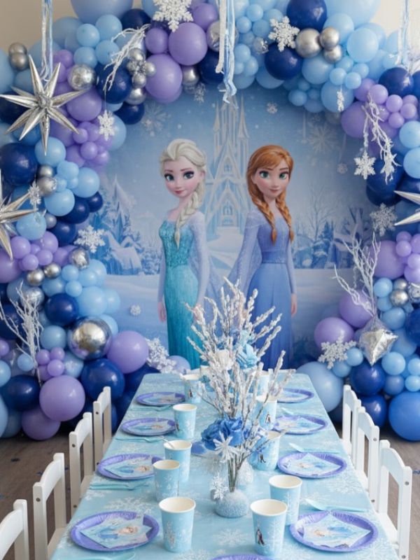 Elsa and Anna Frozen birthday table setup