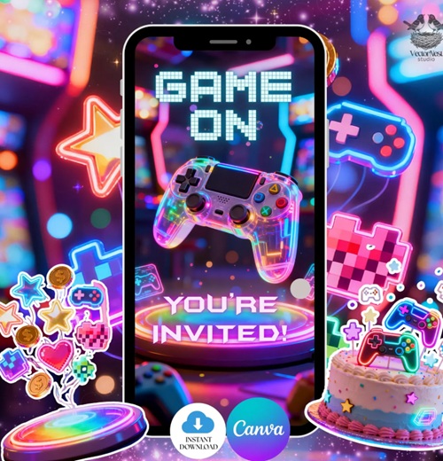 Neon Game Console Birthday Video Invitation