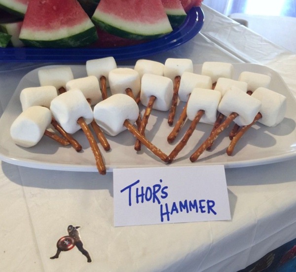 thor hammers with marshmallow and pretzels